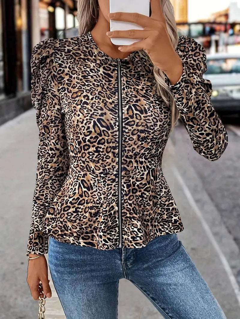 Ivy – Elegante Jacke mit Puffärmeln und Leopardenmuster