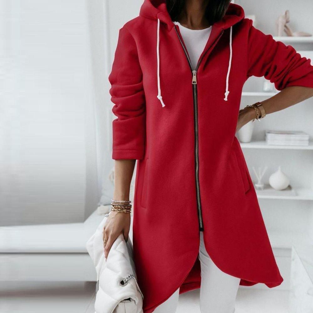 Fiona - Motor Rot Ungleicher Saum Kapuzenpullover mit Reißverschluss Strickjacke