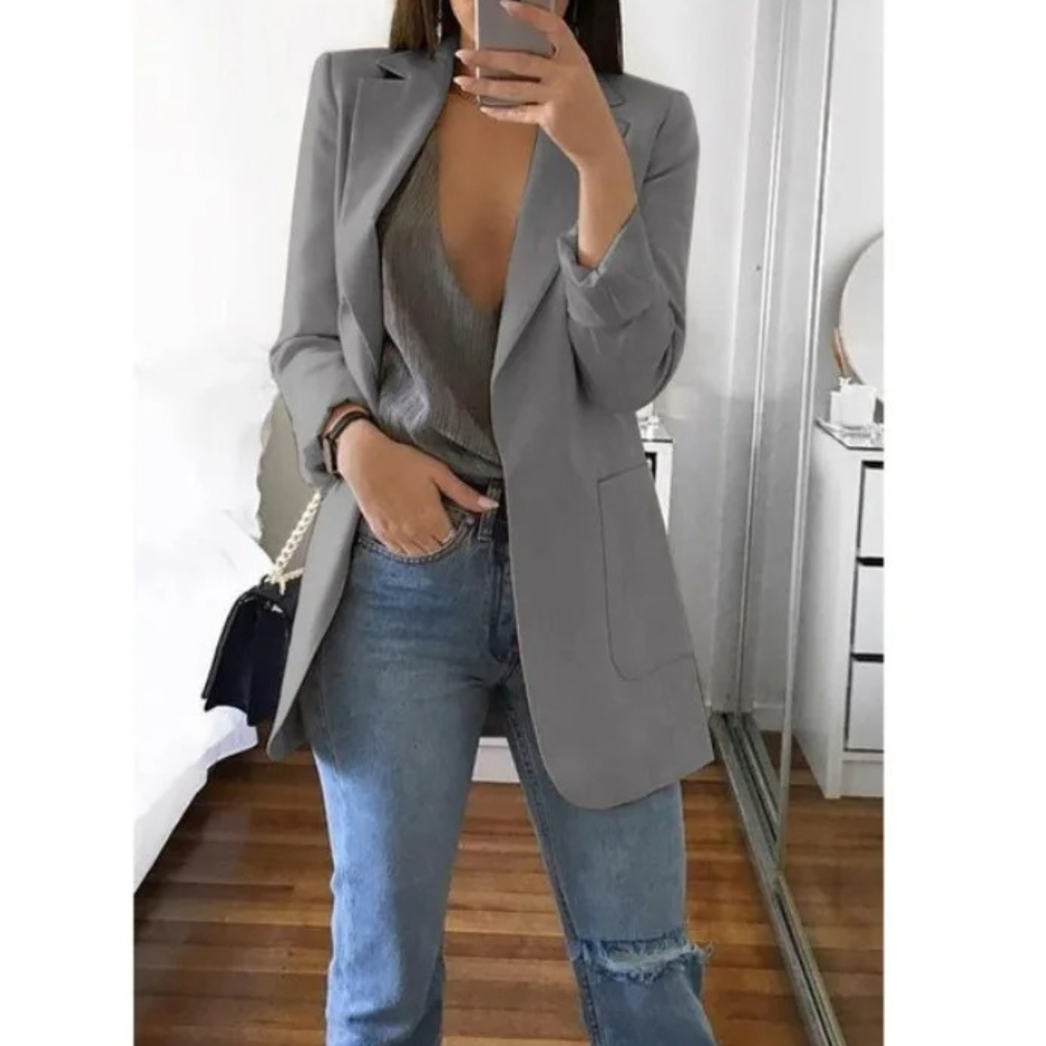 Modischer langer Blazer in Khaki für Damen - MODA