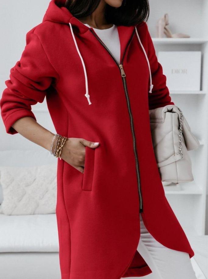 Fiona - Motor Rot Ungleicher Saum Kapuzenpullover mit Reißverschluss Strickjacke