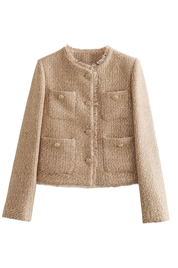 RundKragen – Elegante Jacke mit Rundhalsausschnitt und Knöpfen