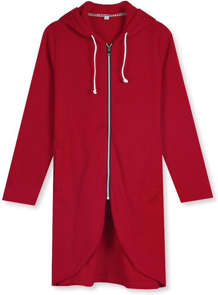 Fiona - Motor Rot Ungleicher Saum Kapuzenpullover mit Reißverschluss Strickjacke