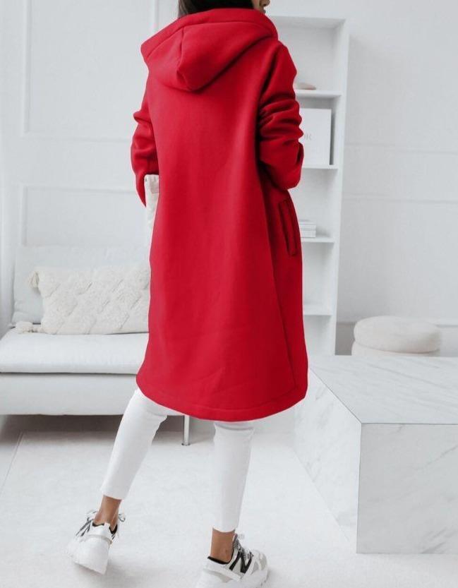 Fiona - Motor Rot Ungleicher Saum Kapuzenpullover mit Reißverschluss Strickjacke