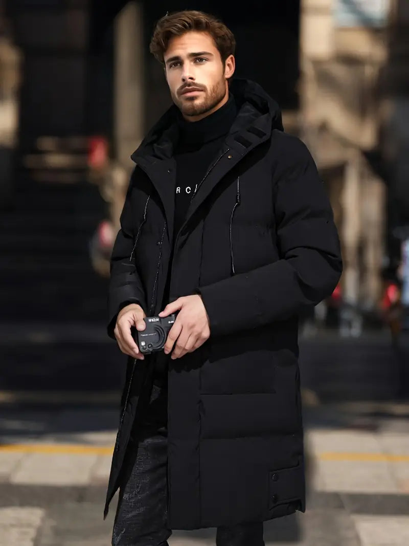 Herren Casual Winterjacke mit langen Ärmeln, einfarbig und mit eleganter Kapuze