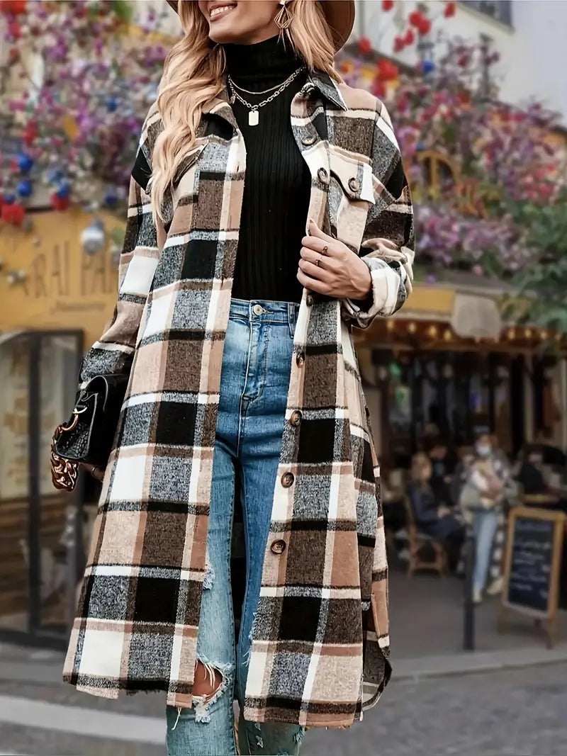 Chic karierte Fleecejacke für Damen - mittellange, bequeme Passform