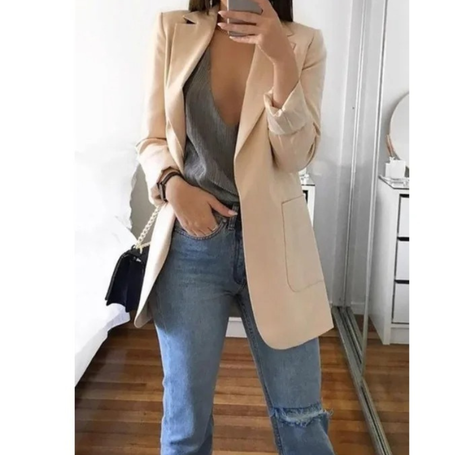 Modischer langer Blazer in Khaki für Damen - MODA