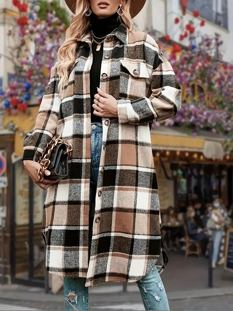 Chic karierte Fleecejacke für Damen - mittellange, bequeme Passform