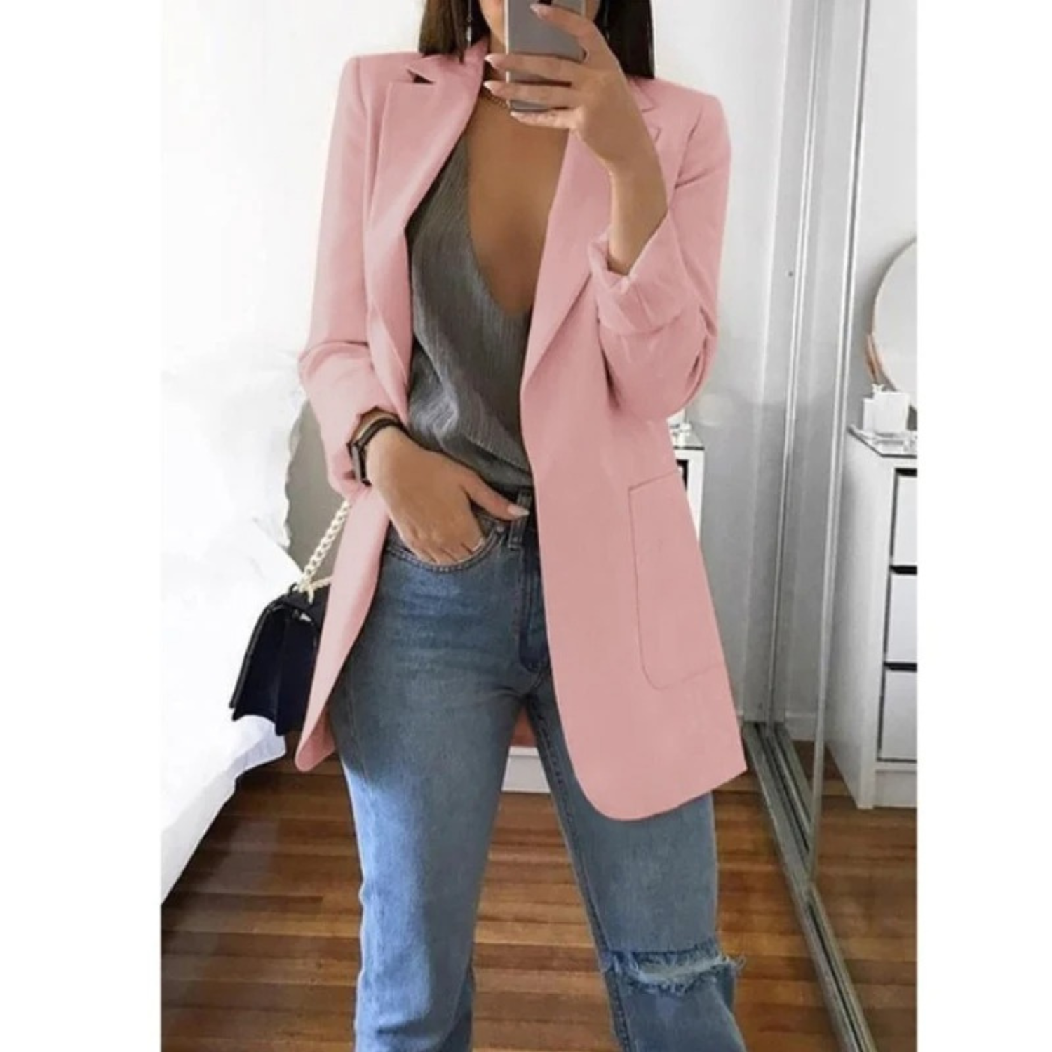 Modischer langer Blazer in Khaki für Damen - MODA