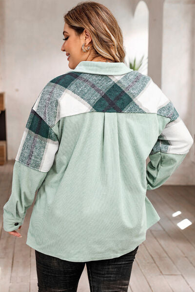 PlaidPrime – Plus-Size kariertes Sakko mit Druckknopfverschluss und Taschen