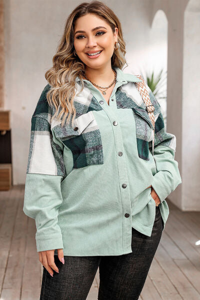 Karinaz - Plus-Size kariertes Sakko mit Druckknopfverschluss und Taschen