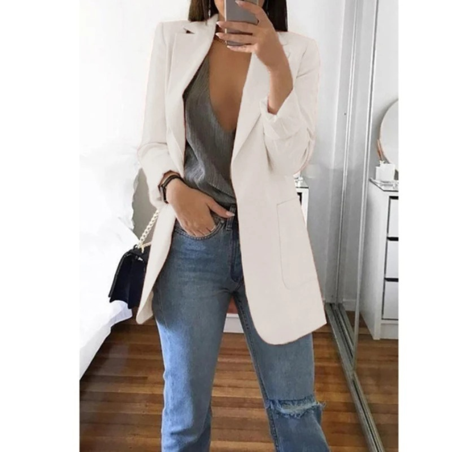 Modischer langer Blazer in Khaki für Damen - MODA