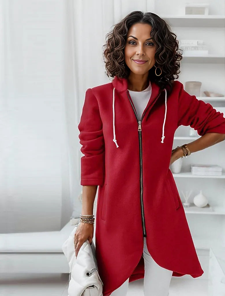 Fiona - Motor Rot Ungleicher Saum Kapuzenpullover mit Reißverschluss Strickjacke
