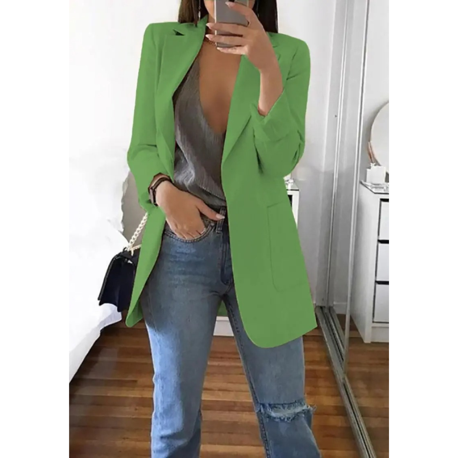 Modischer langer Blazer in Khaki für Damen - MODA