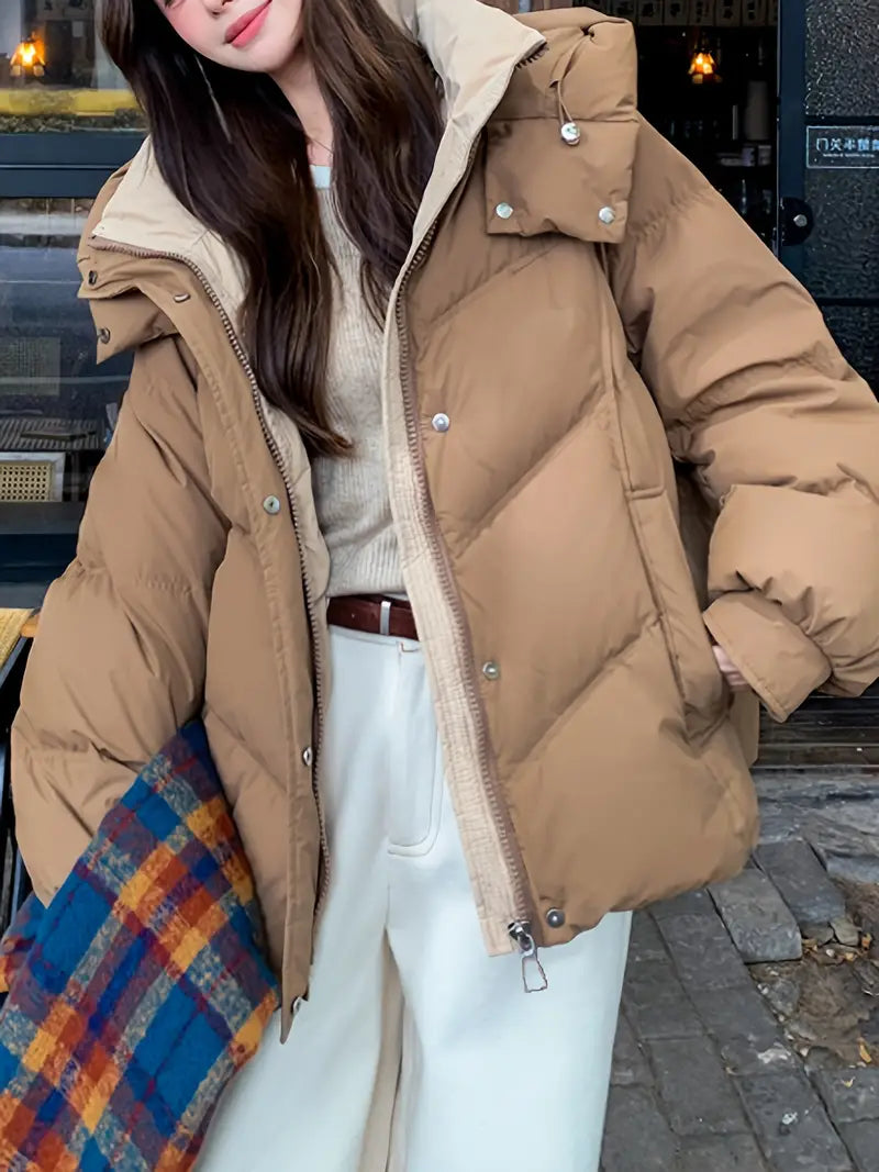Elegante Damen-Fleece-Winterjacke mit langen Ärmeln, einfarbig, klassischer und zeitloser Stil