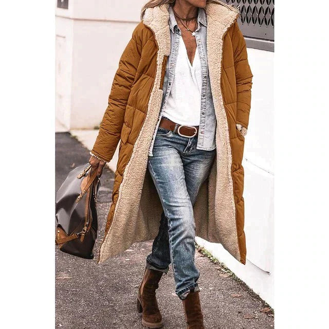 DualWarm – Wendbare lange Pufferjacke mit Kapuze für doppelte Flexibilität