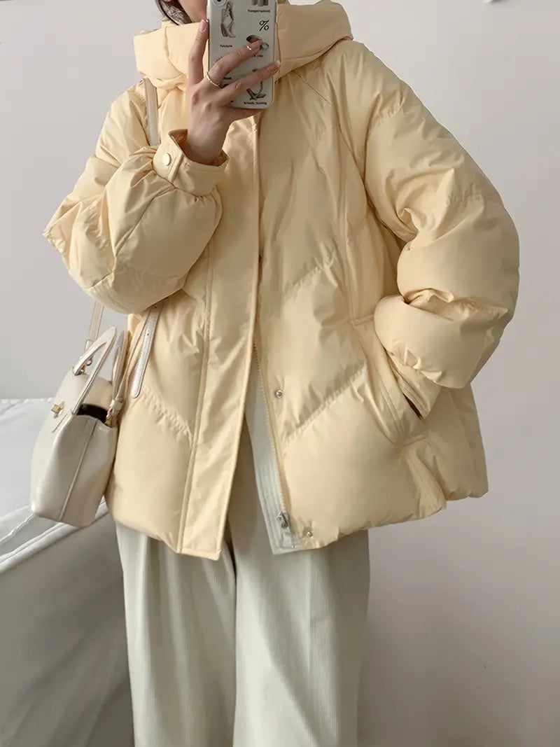 Elegante Damen-Fleece-Winterjacke mit langen Ärmeln, einfarbig, klassischer und zeitloser Stil