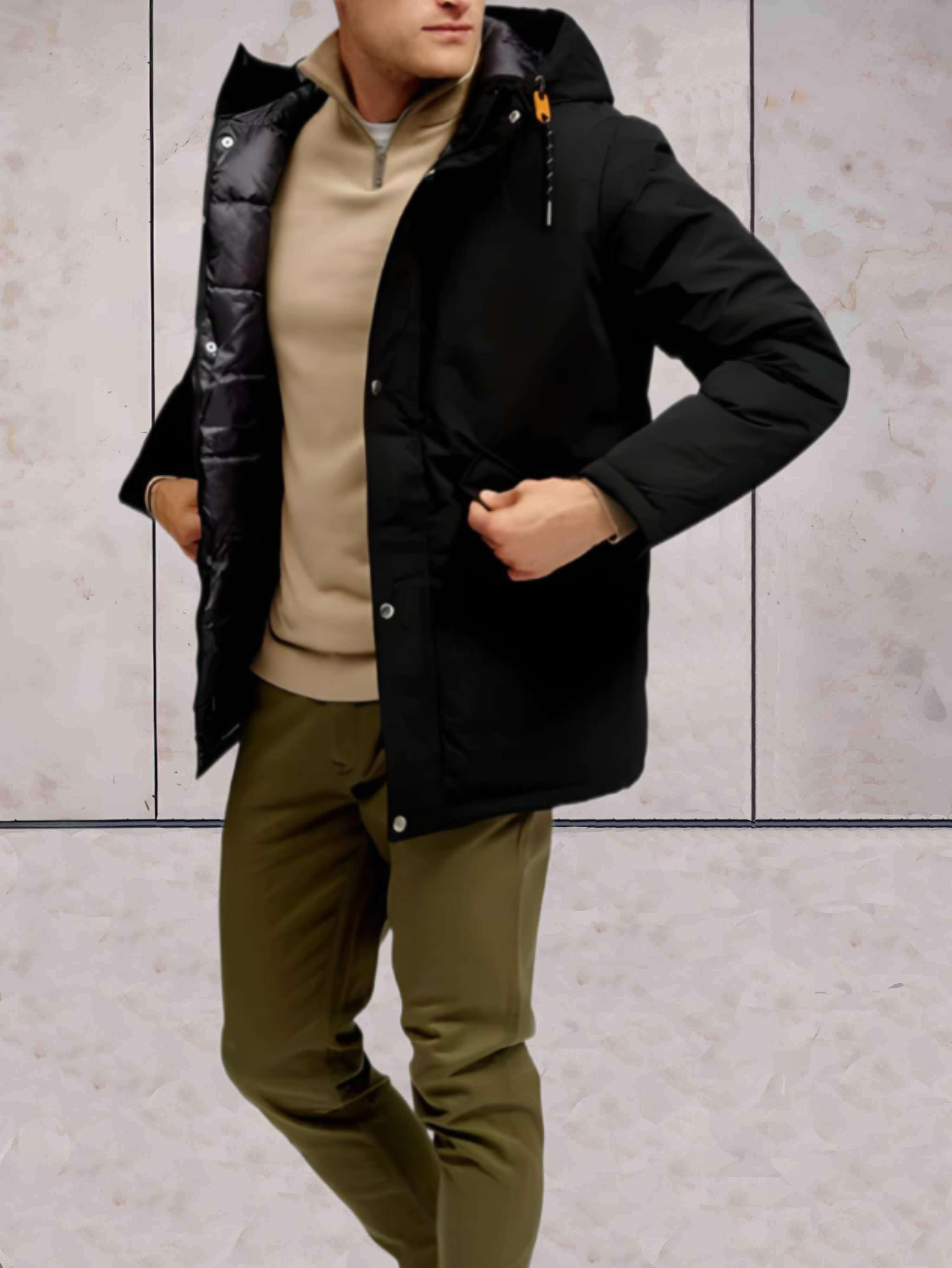Marlou - Dicke und warme schwarze Kapuzenjacke, hoher Halsausschnitt mit Kombiknopf und Reißverschluss