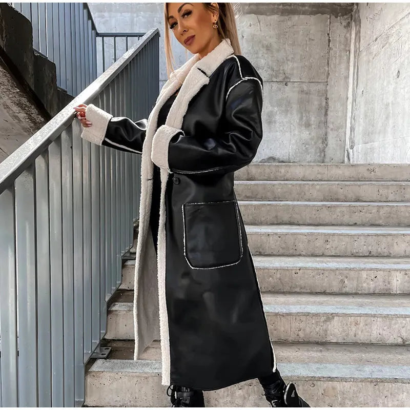 Adella - Lange Lederjacke mit Pelz