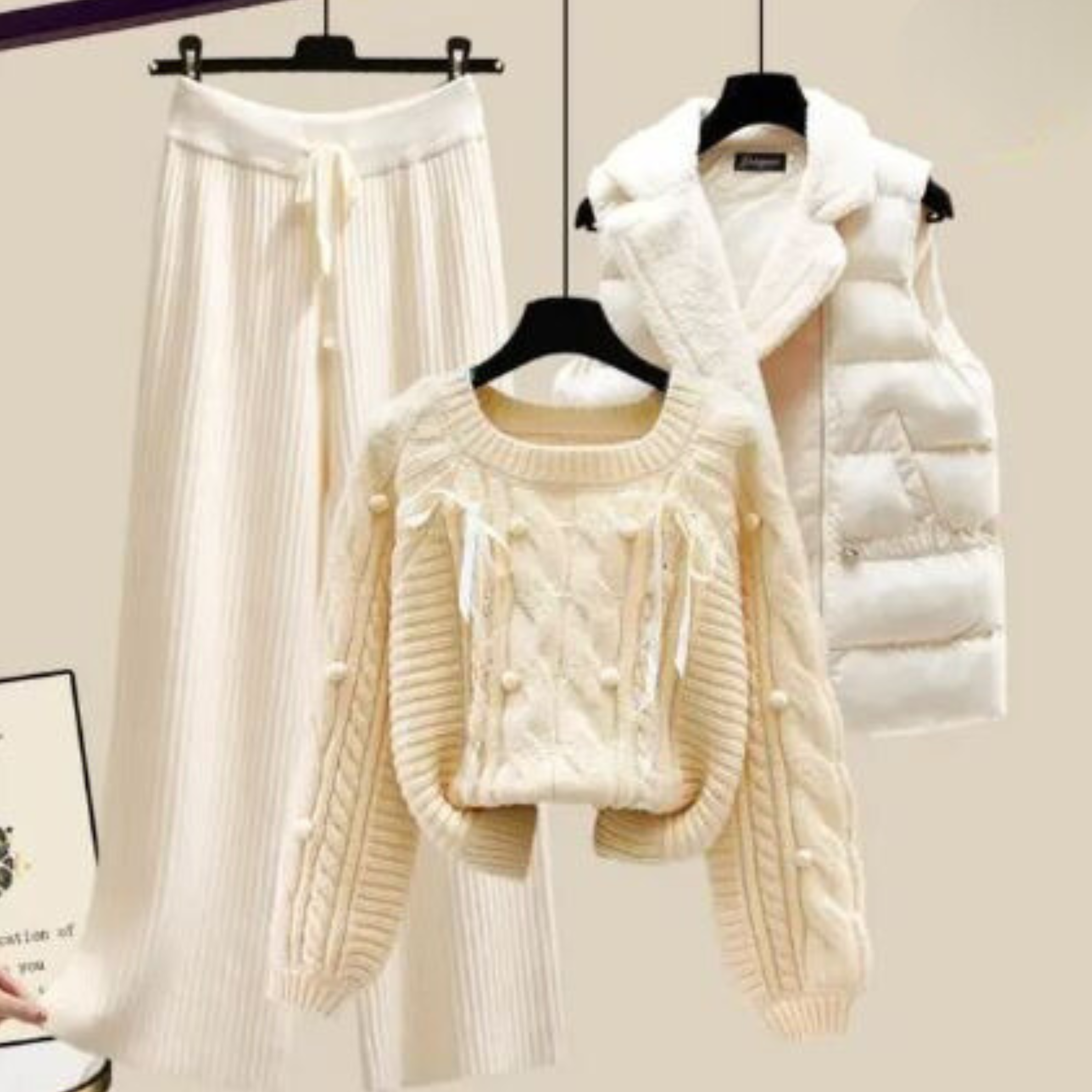 Nicole - Dreiteilige Damen-Westenjacke, lockerer Pullover und weite Hosenbeine