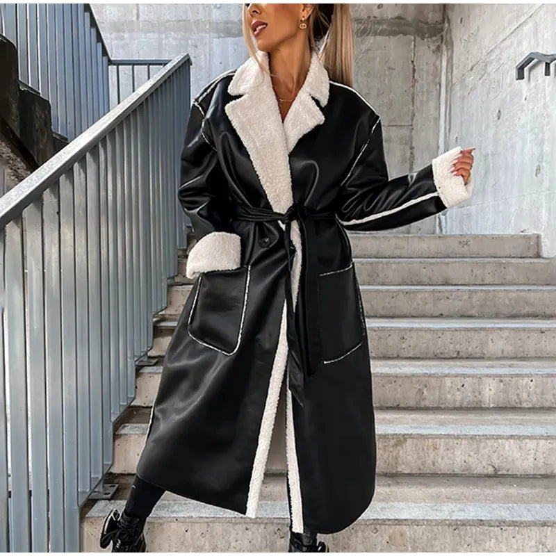 Adella - Lange Lederjacke mit Pelz