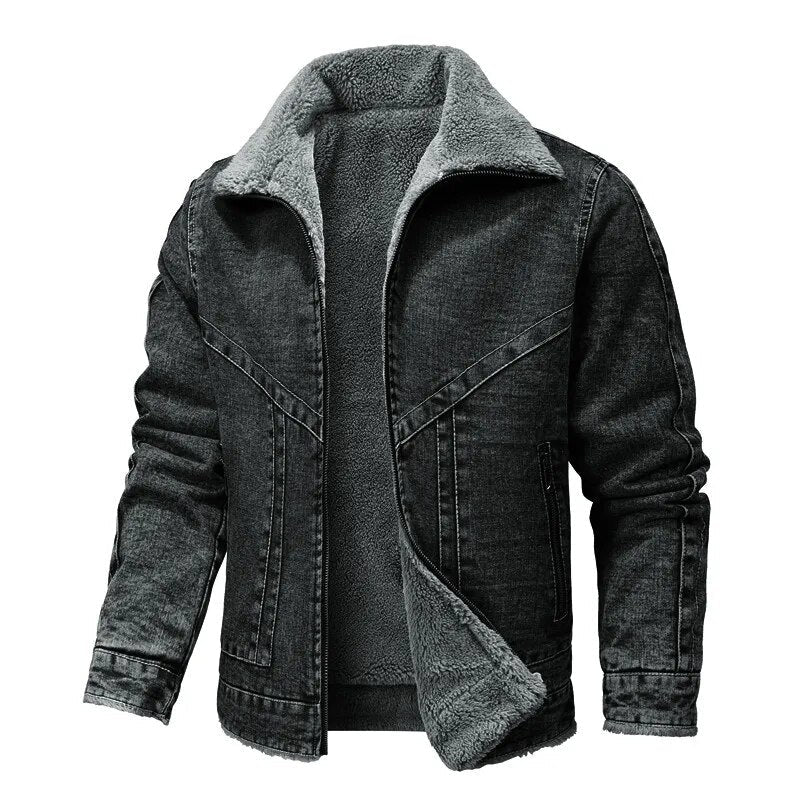 Ingo - Herren Dicke Warme Lammfellmantel Enge Denimjacke