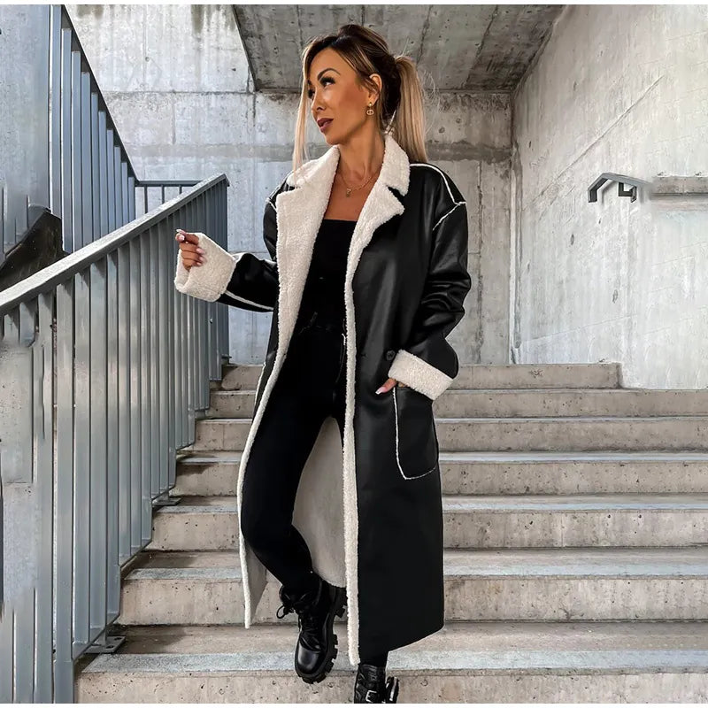 Adella - Lange Lederjacke mit Pelz