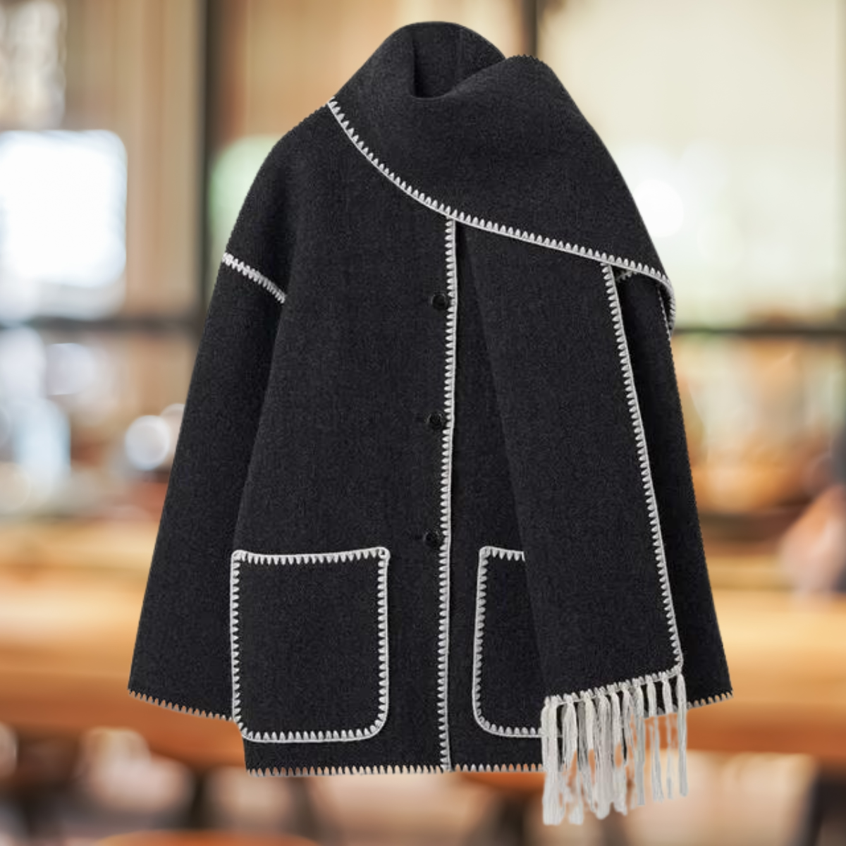 Schicker langer Blazer mit einfacher Knopffront und passendem Schal