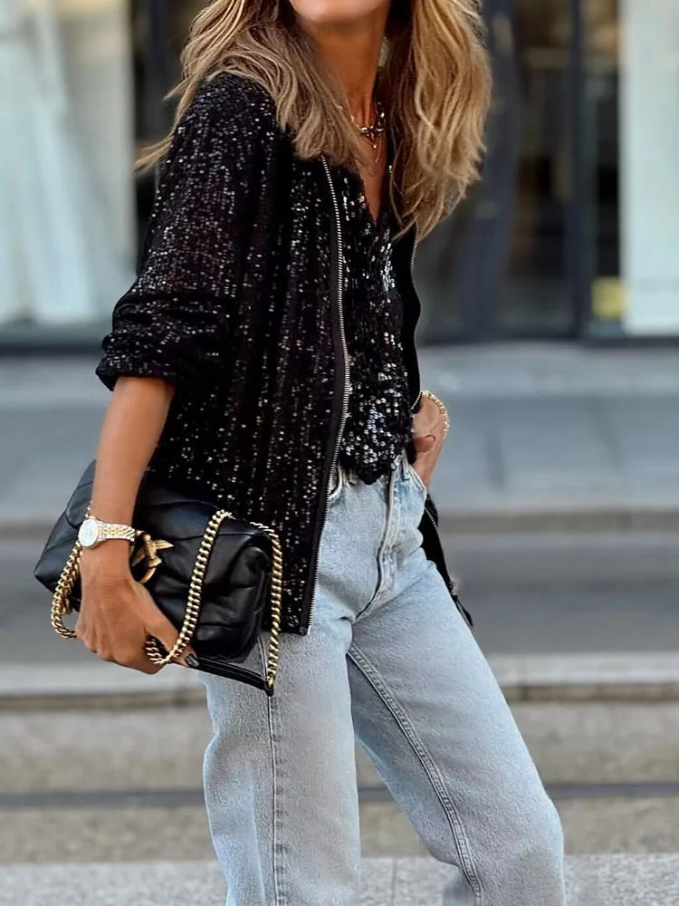 PaillettenLounge – Loungewear Jacke mit O-Ausschnitt und Pailletten