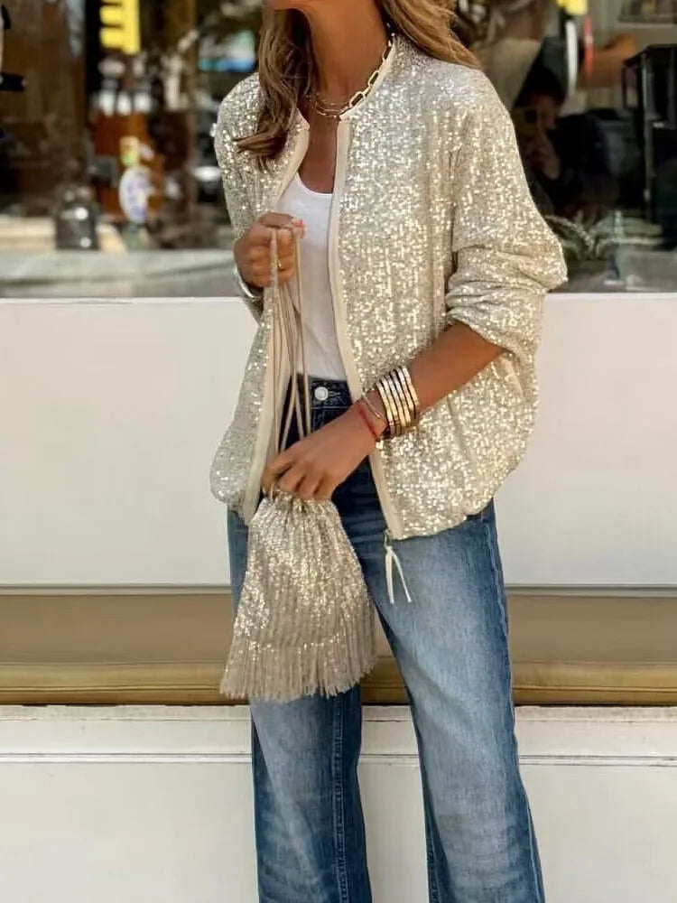PaillettenLounge – Loungewear Jacke mit O-Ausschnitt und Pailletten