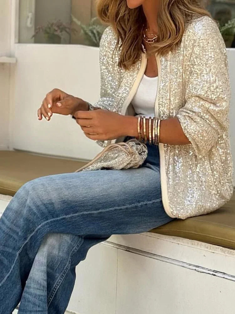 PaillettenLounge – Loungewear Jacke mit O-Ausschnitt und Pailletten