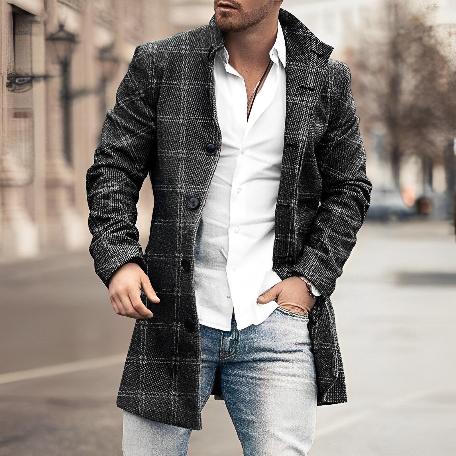 Eleganter und moderner Wollmantel mit stilvollen Knöpfen für Herren