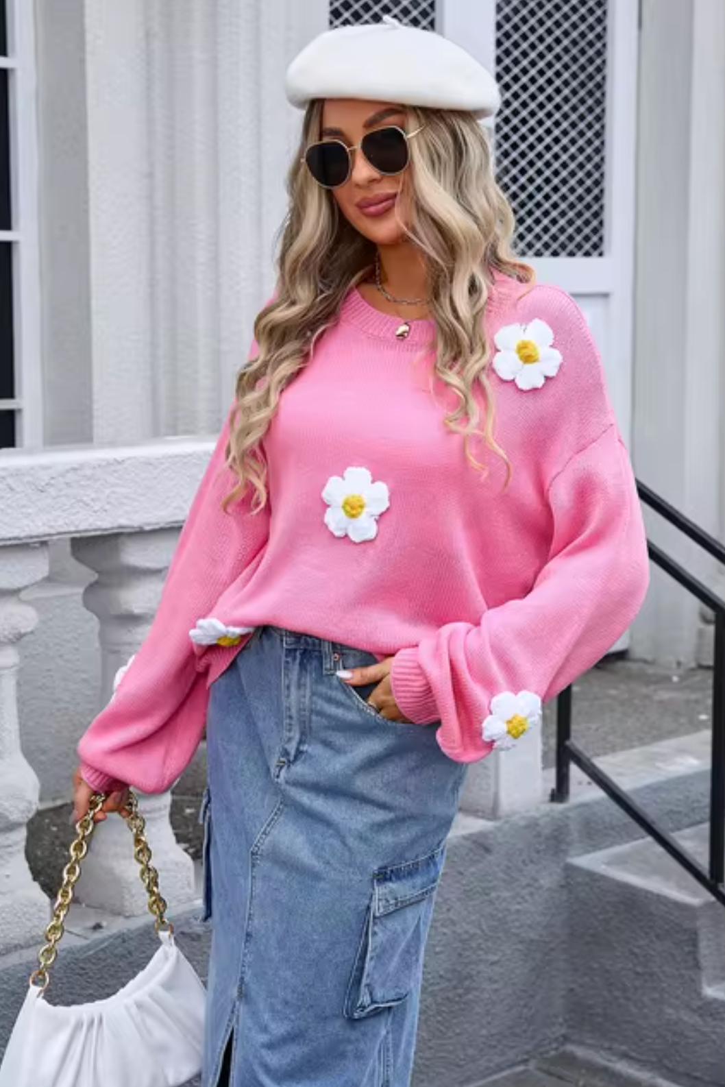 Miranda – Gestrickter 3D-Blumenpullover