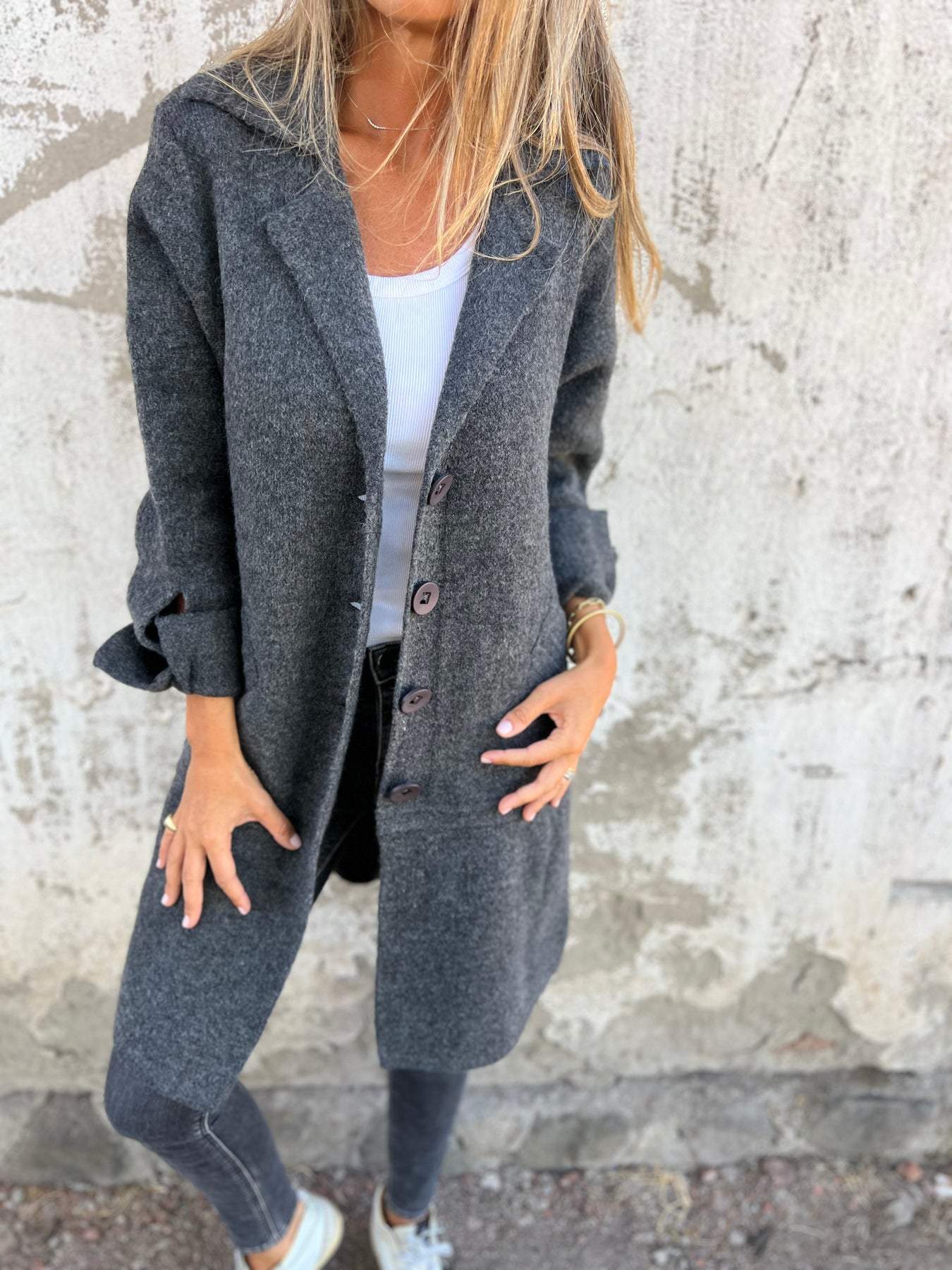 Jill | Eleganter lässiger langer Mantel mit Revers