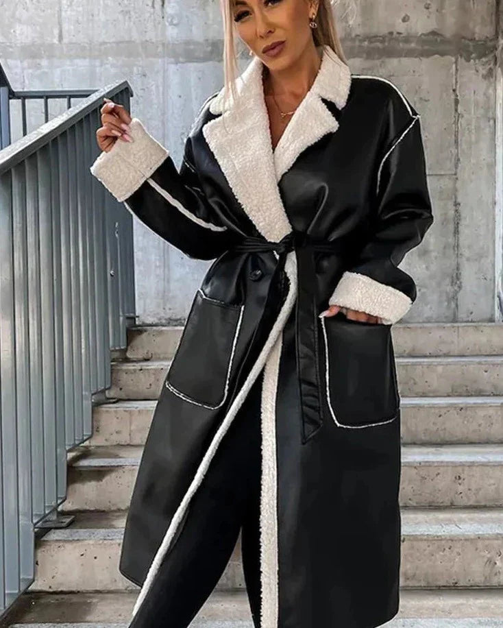 Adella - Lange Lederjacke mit Pelz