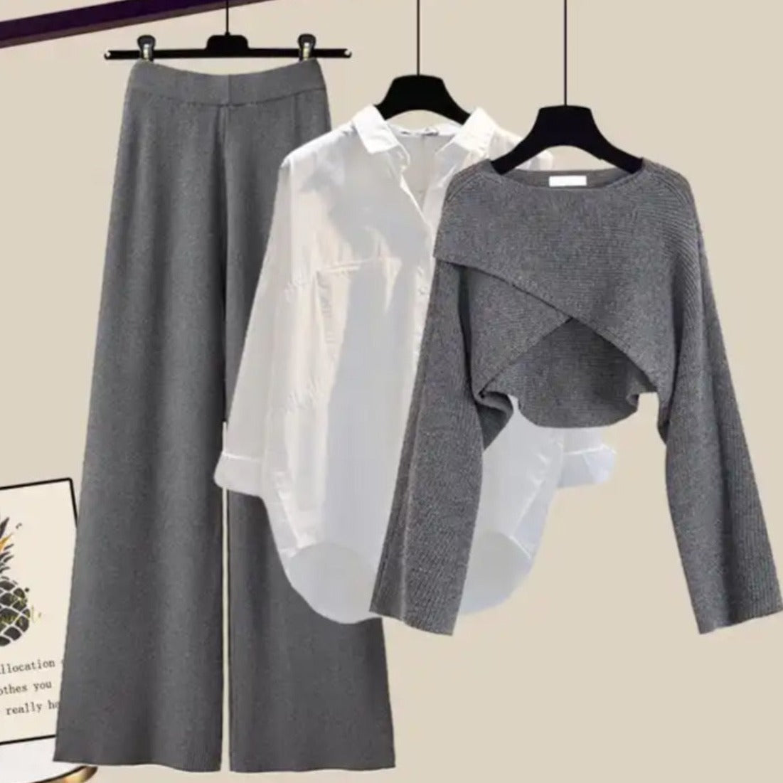 Marce | Damen Schmales Hemd Weites Bein Hose Pullover Satz | Dreiteilig