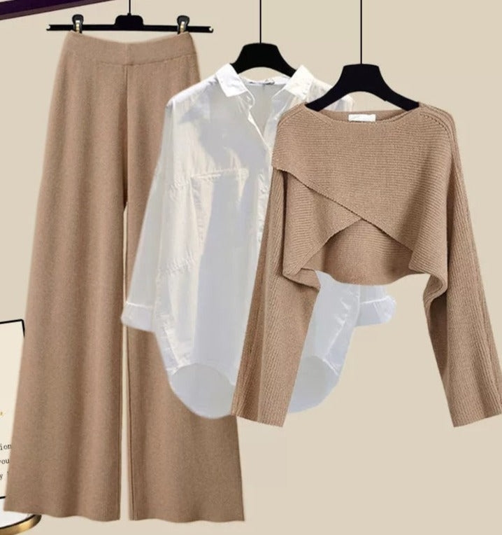 Marce | Damen Schmales Hemd Weites Bein Hose Pullover Satz | Dreiteilig