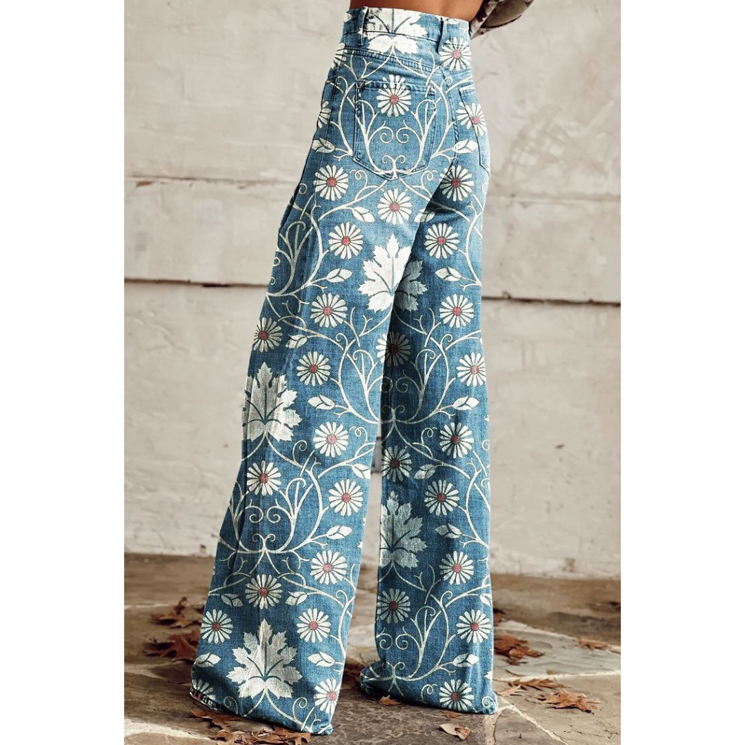 Kyla | Damen Jahrgang Lässige Blumendruck Hose | Weitem Bein
