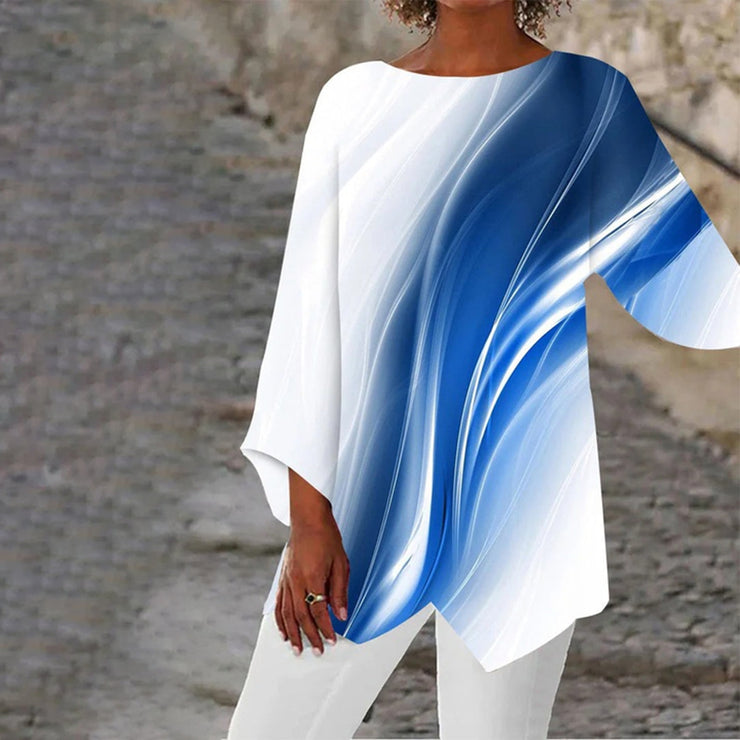 Sheryn - Ultra-Mod Blaue Welle Weißes Tunika-Oberteil