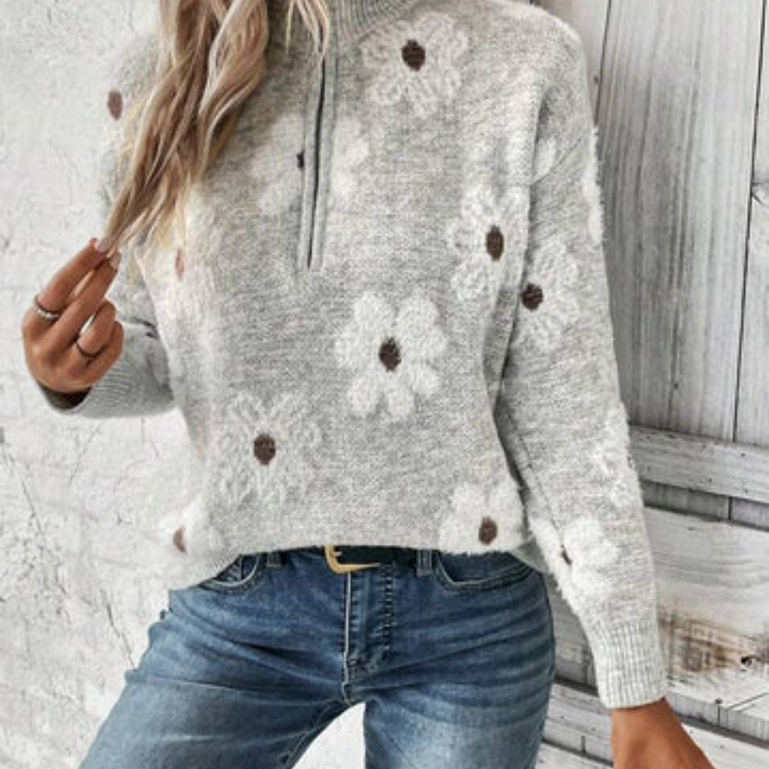 Cozyflex | Damen Warme Blumen Strick Pullover | Reißverschluss