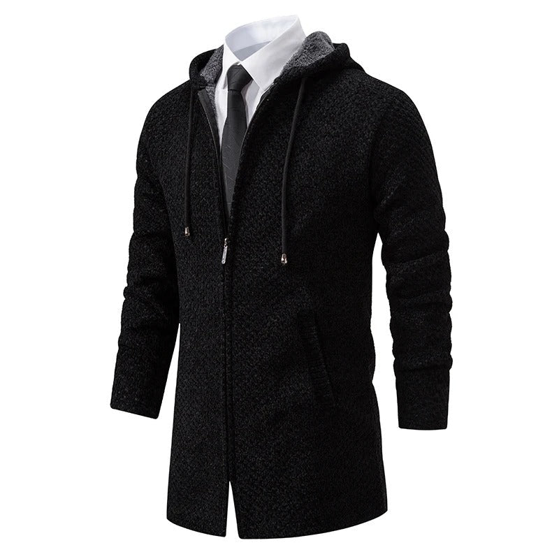Caius | Dicker schwarzer Kapuzenpullover aus Wolle mit Reißverschluss, weicher Herrenmantel