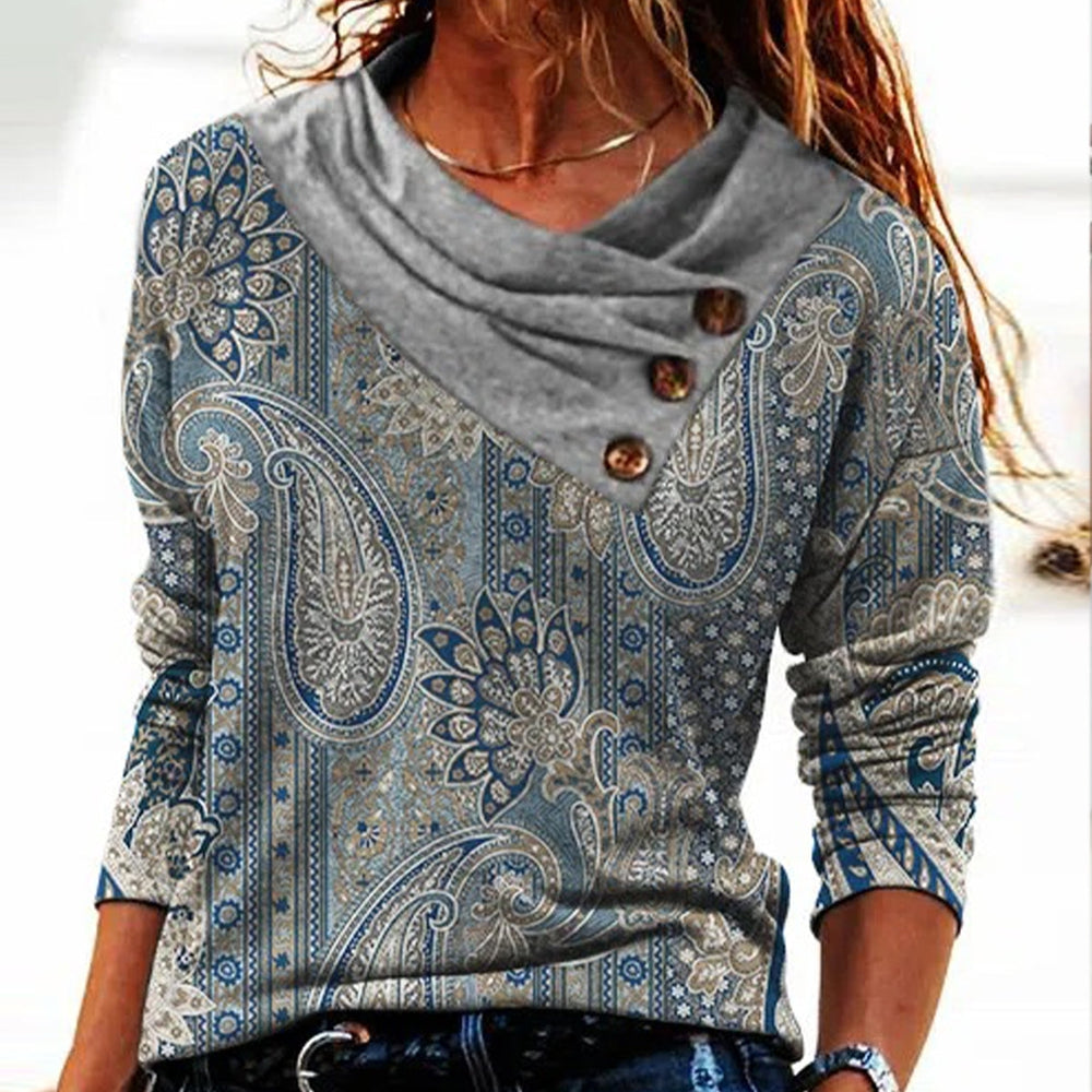 Frida - Blaues Paisley-Top mit grauem Umlegekragen und langen Ärmeln