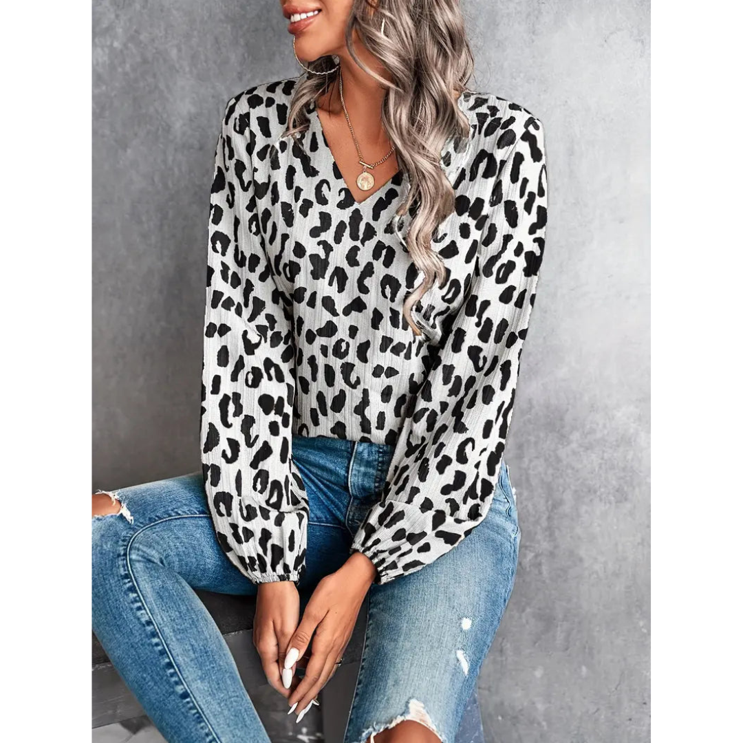 Paula | Damen Casual Leoparden Mustert Bluse | V-Ausschnitt