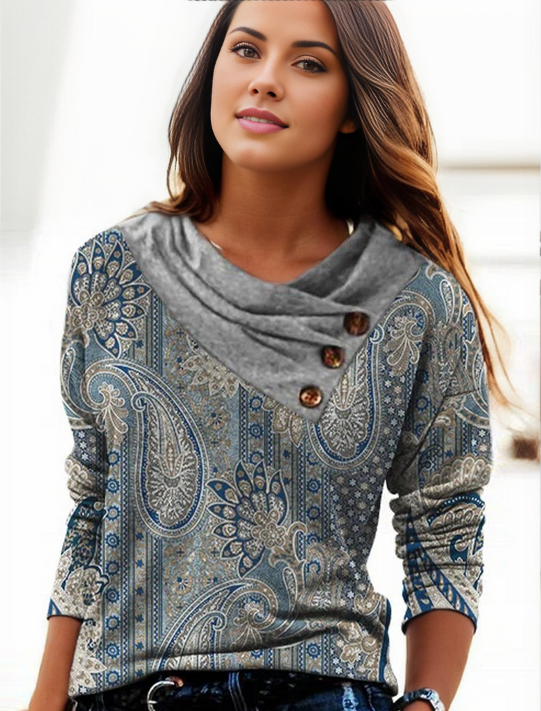 Frida - Blaues Paisley-Top mit grauem Umlegekragen und langen Ärmeln