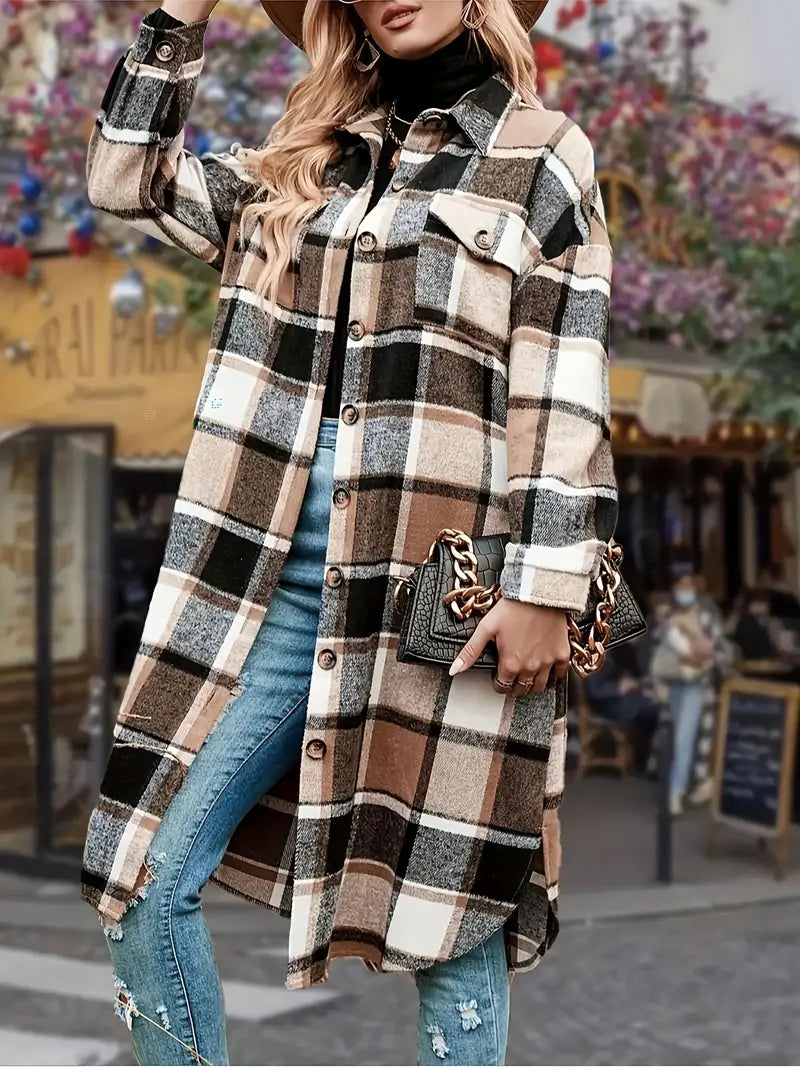 Chic karierte Fleecejacke für Damen - mittellange, bequeme Passform