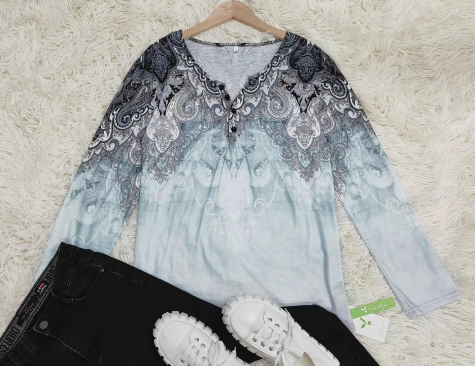 Lovely - Blau-graues Oceanic Luxe Print V-Ausschnitt Langarm-Top