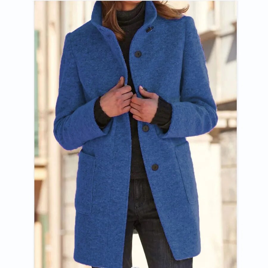 Julia - Grauer Wollmantel mit Stehkragen und Taschen
